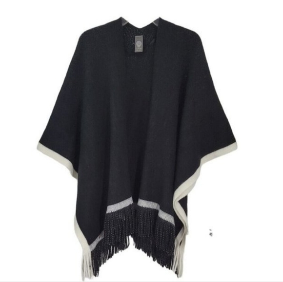 Vince Camuto Sweaters - Vince Camuto One Size Women's Pop-Stripe Fringe Wrap Shawl Poncho Black O/S